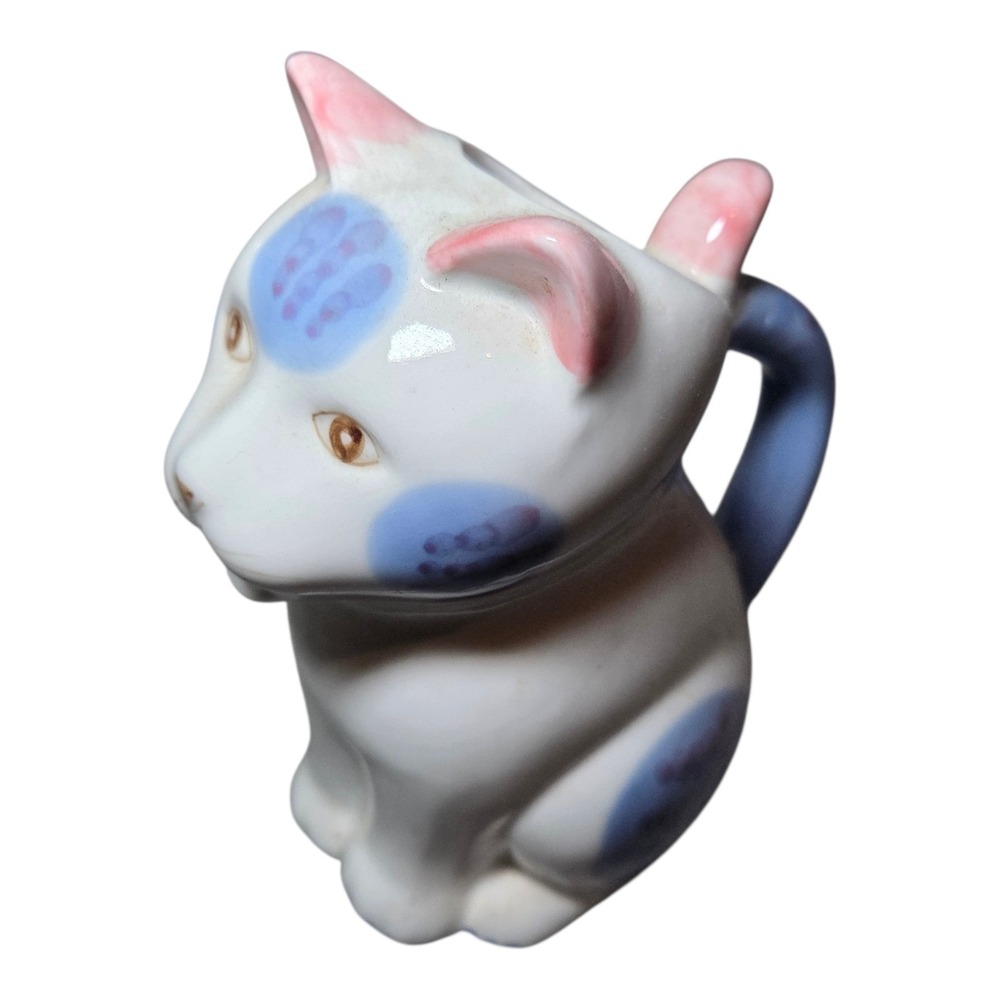 Vintage Handcrafted Thailand Ceramic Cat Creamer Pitcher Blue & Pink Kitty Cream